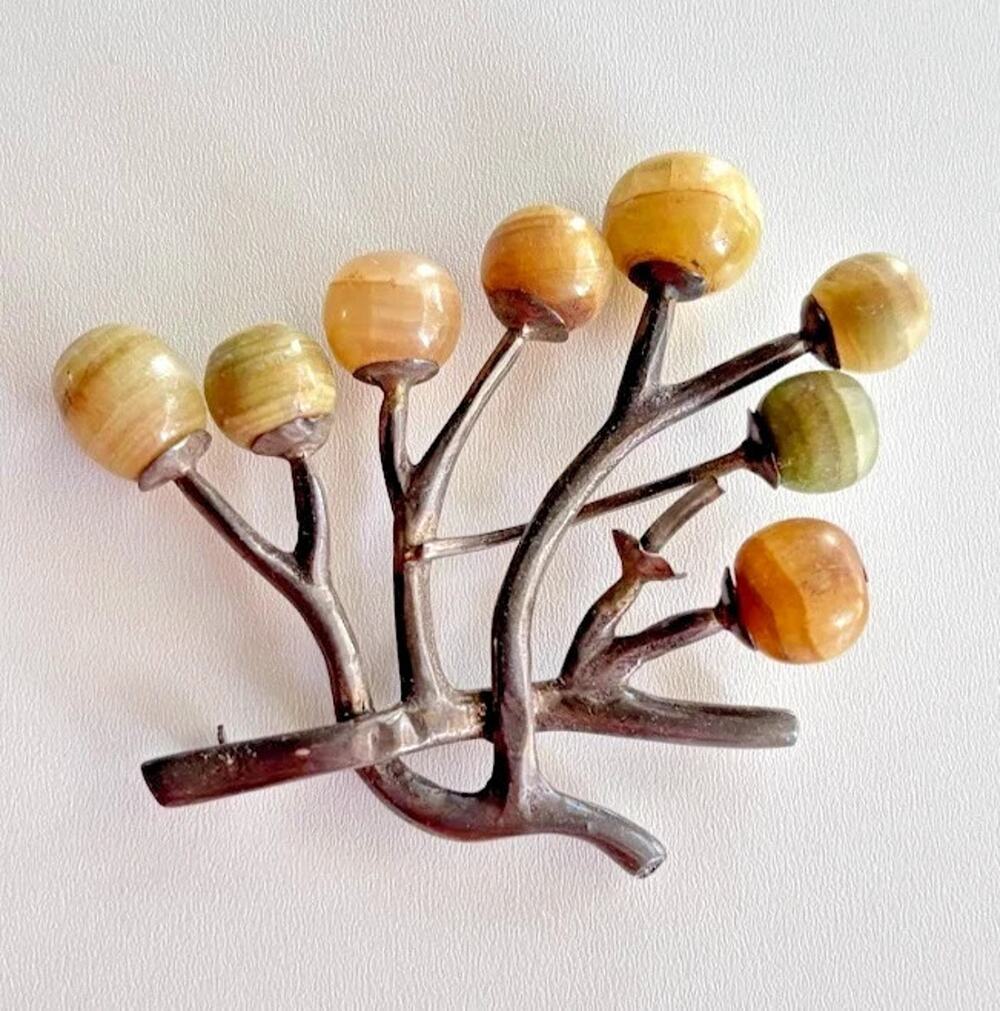 Vintage Mexico Sterling Silver Brutalist Grape Cluster Brooch Banded Onyx 66g